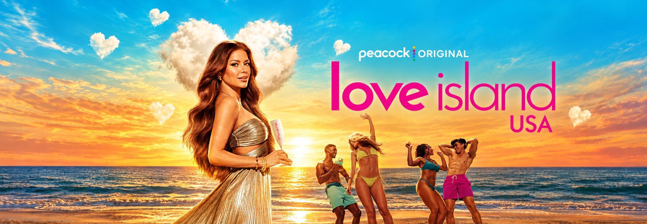 Promotional poster for Love Island USA on Peacock; woman in a gold dress stands on a sunset beach while contestants celebrate in the background.