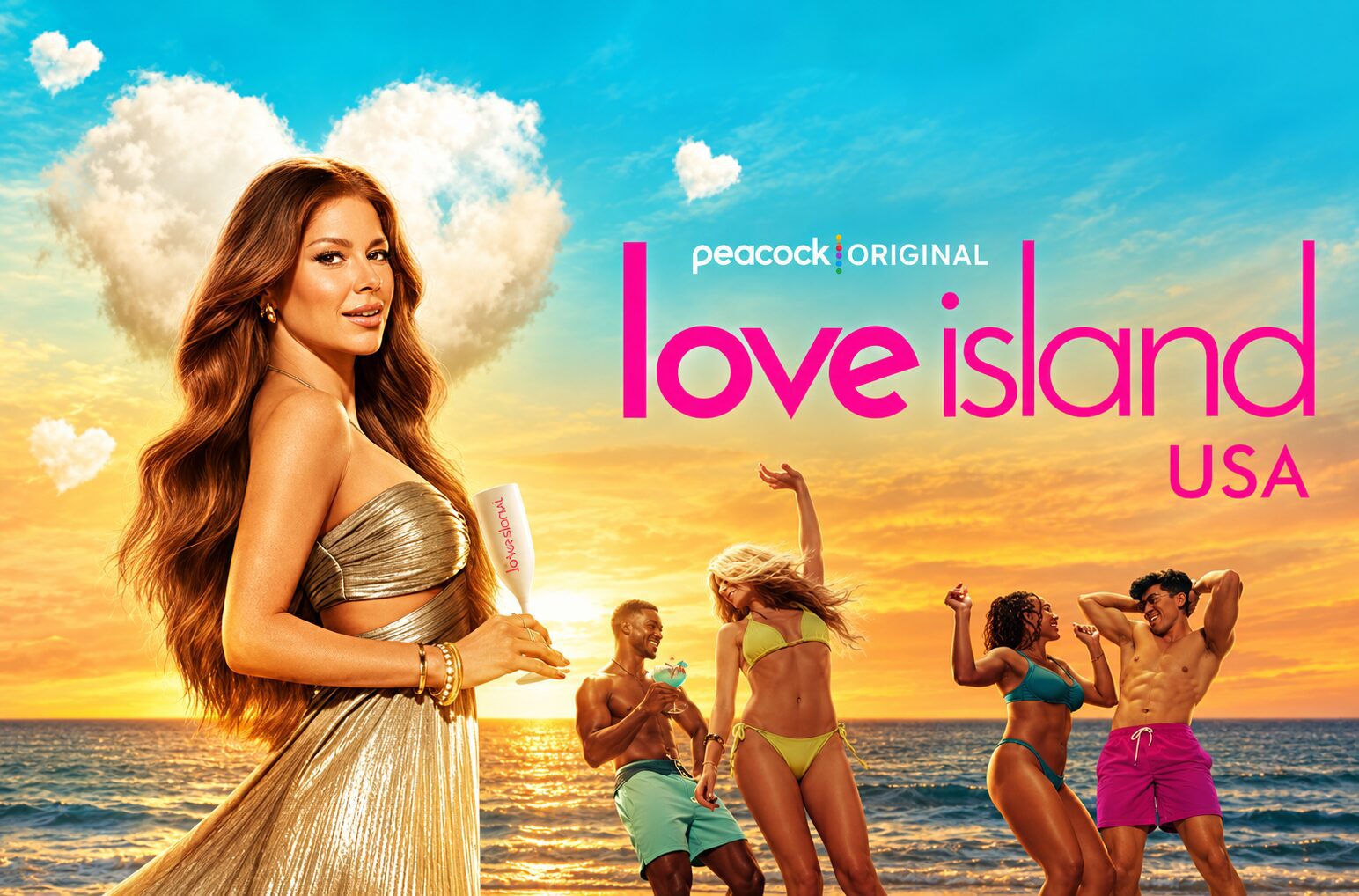 Promotional poster for Peacock Original Love Island USA: a woman in a gold dress at sunset on a beach, with cast members in swimsuits and the pink 'Love Island USA' title.